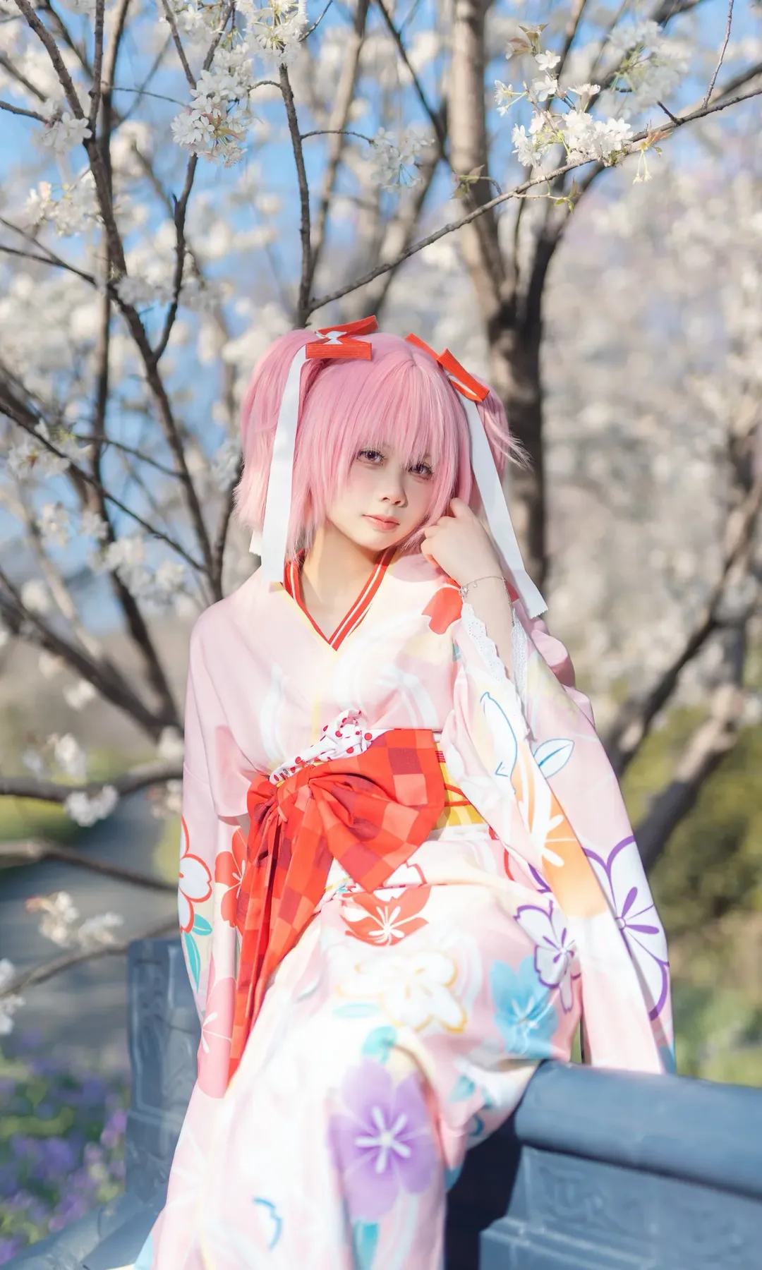 鹿目圆cos, 魔法少女小圆, cosplay摄影, 樱花季写真, 和服浴衣 - 第7张