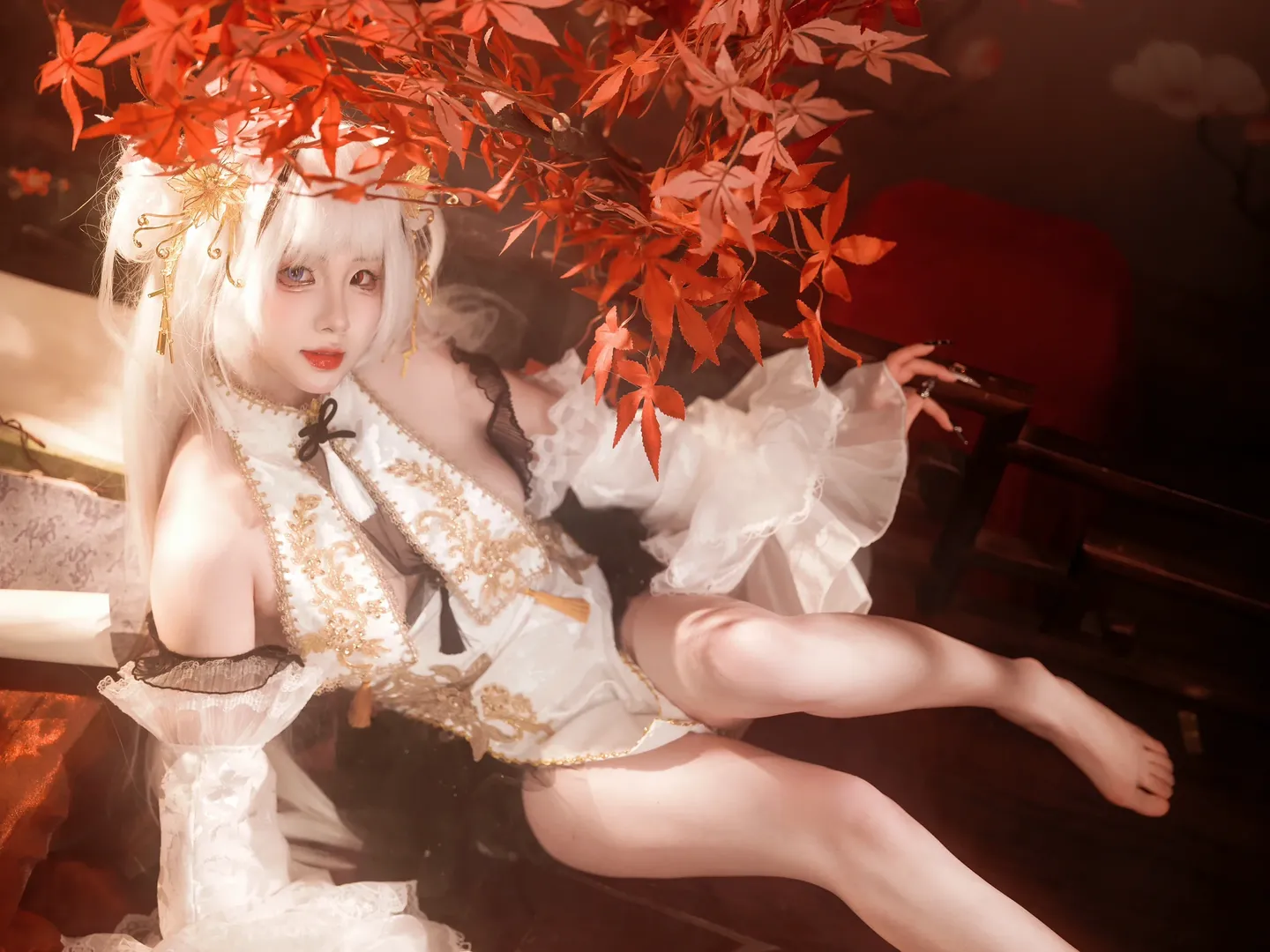 古风摄影, 碧蓝航线, 白毛cosplay, 埃尔宾cos, 枫叶主题 - 第10张