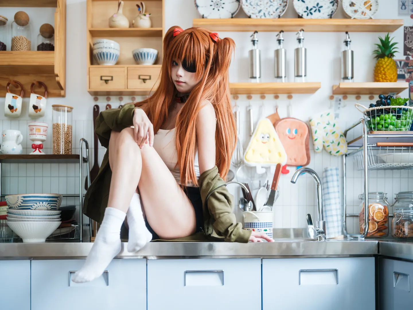 Anime-style photography, Asuka Cosplay, Neon Genesis Evangelion, EVA Asuka, Kitchen cosplay