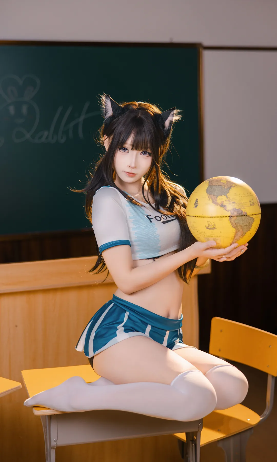 日系小清新, 猫耳cos, 教室摄影, 足球少女, 白丝制服