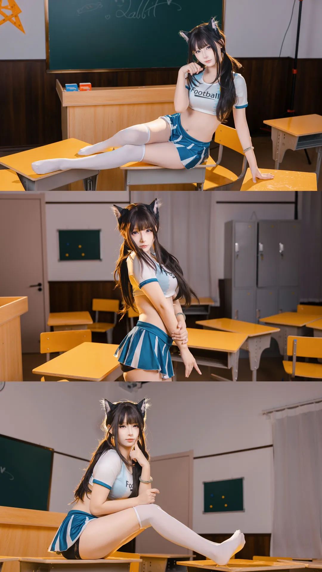 日系ナチュラルスタイル, 猫耳コスプレ, 教室撮影, サッカー少女, 白タイツ制服 - 3枚目