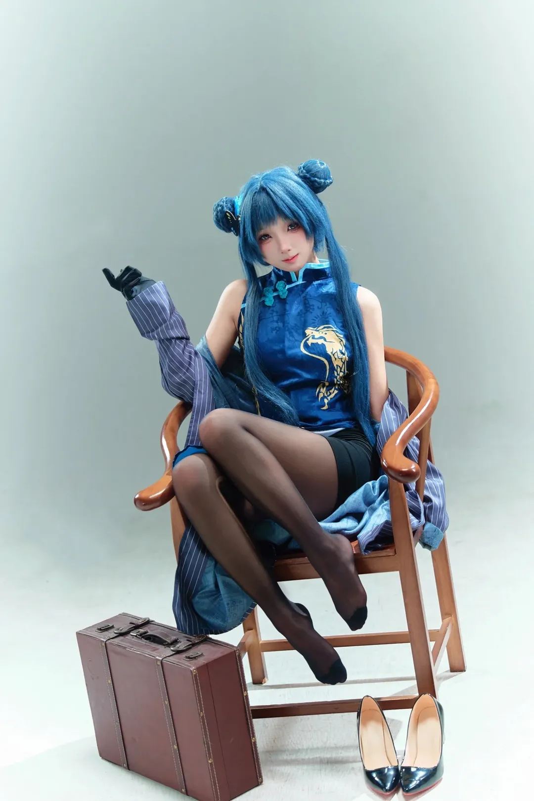 Anime-style photography, Misaki cosplay, Blue Archive, Cosplay outfit, Studio photoshoot share