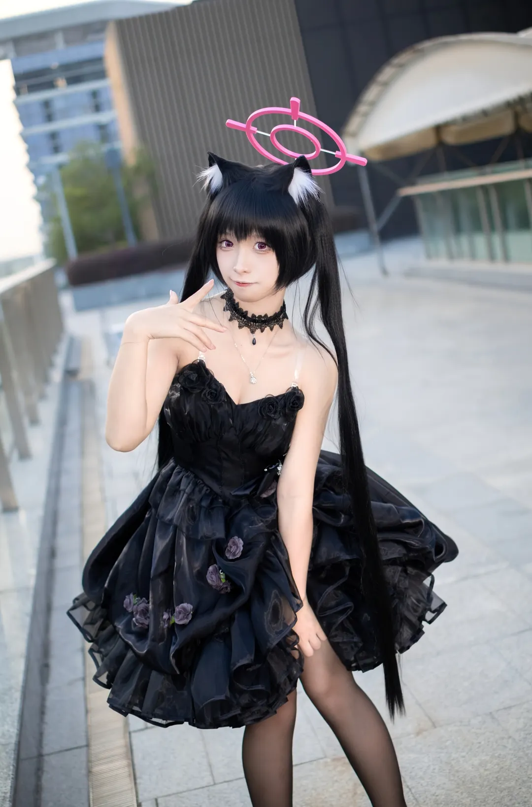 Anime-style photography, Blue Archive, Kuroneko cosplay, Gothic style outfit, Casual cosplay