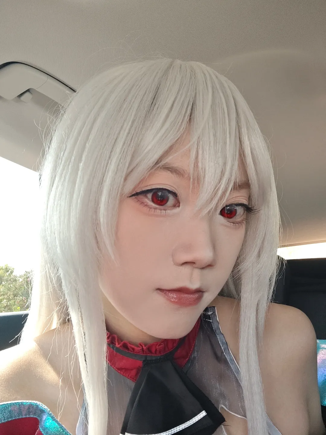 white hair, red eyes, cosplay makeup, portrait, aesthetic
