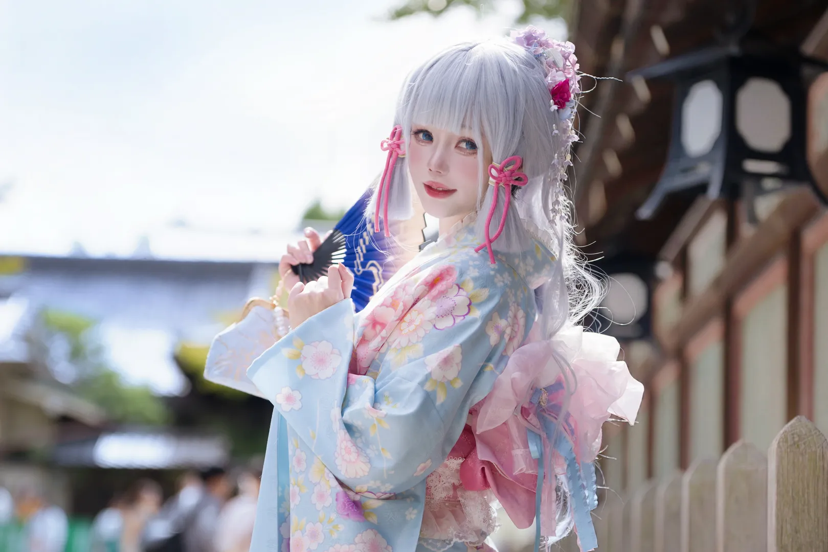 Genshin Impact, Kamisato Ayaka cosplay, Casual cosplay, Kyoto street photography, Kimono photoshoot