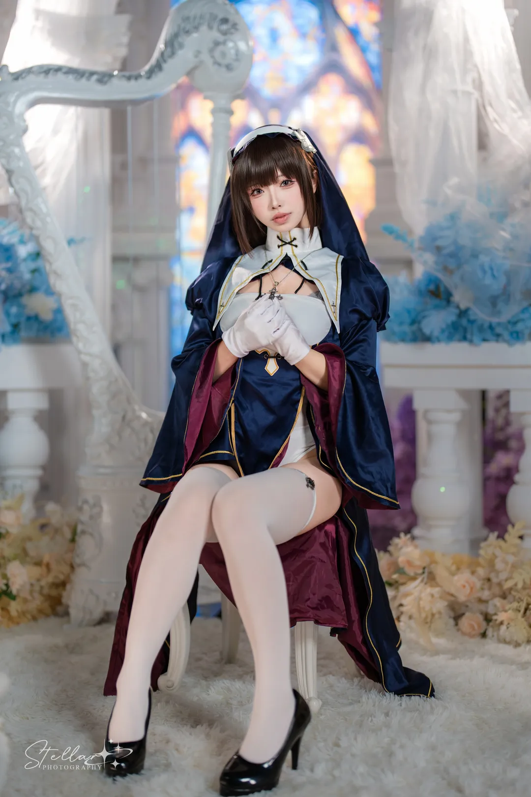 Casual cosplay, Cosplay photography, White thigh-highs outfit, Nun cosplay, Church photoshoot