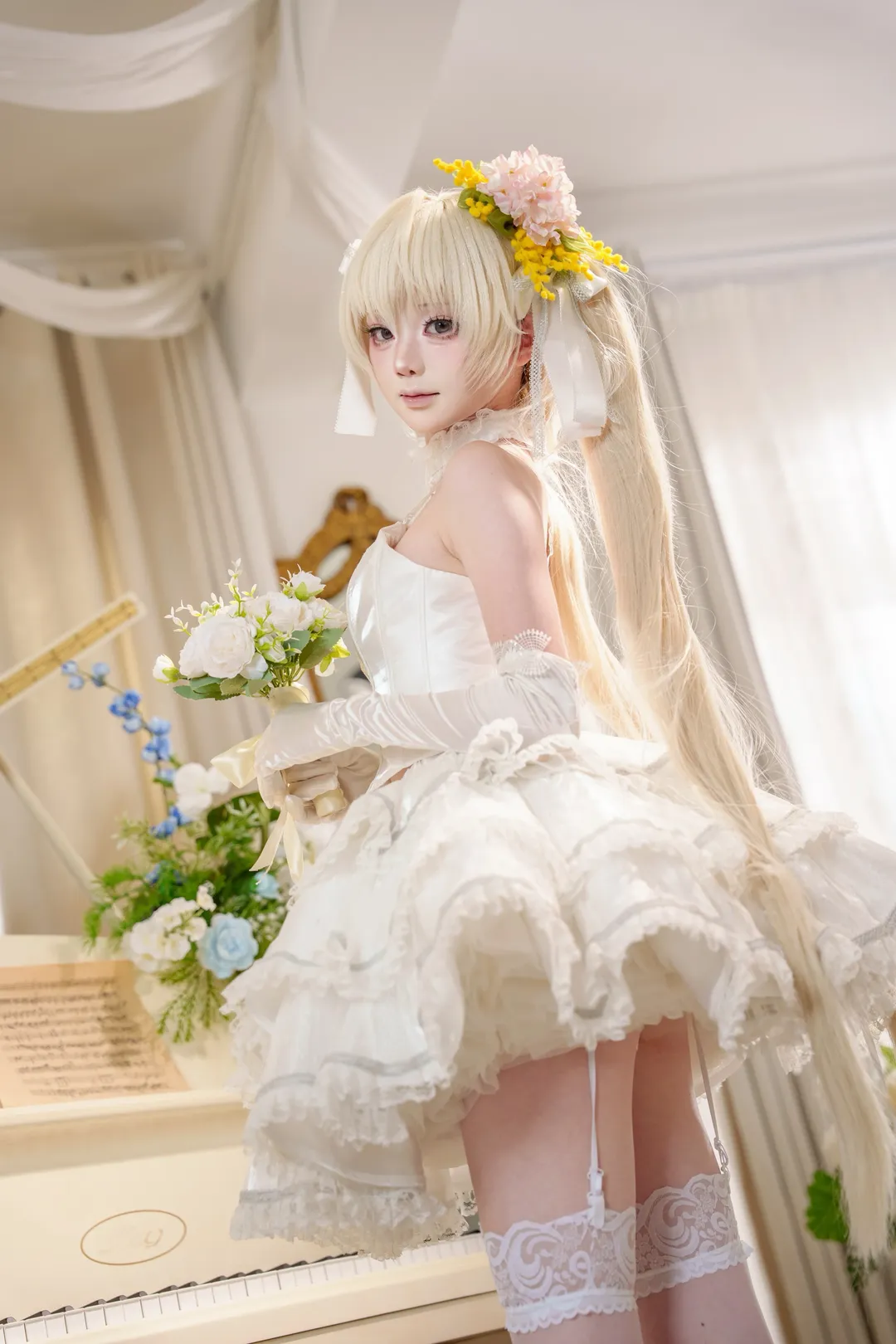 春日野穹cos, 花嫁cos, 白色洋装, 人形制衣, 钢琴写真 - 第4张