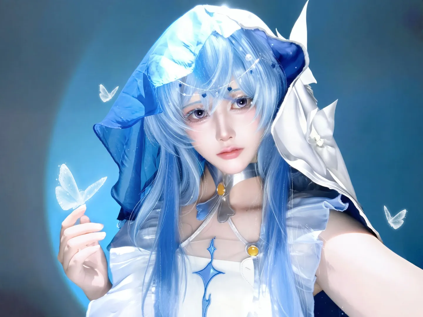 鳴潮, ショアキーパー コスプレ, 二次元コスプレ, 雰囲気のある写真撮影, 青と白のコーディネート