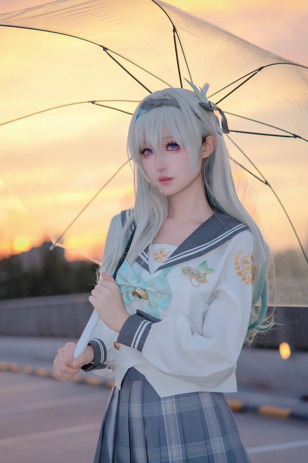 二次元摄影, 崩坏星穹铁道, 流萤cos, 流萤JK, 黄昏天台外景