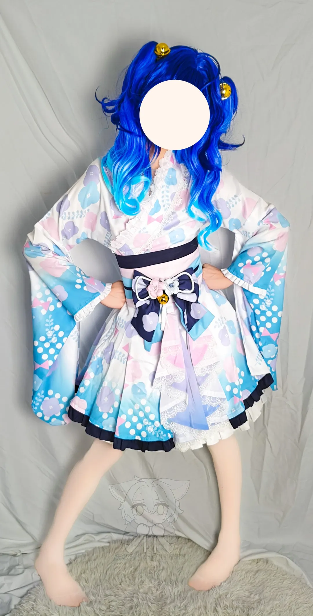蓝色假发, 和风cosplay, 虚拟主播, 天宫心cos, 动漫装扮