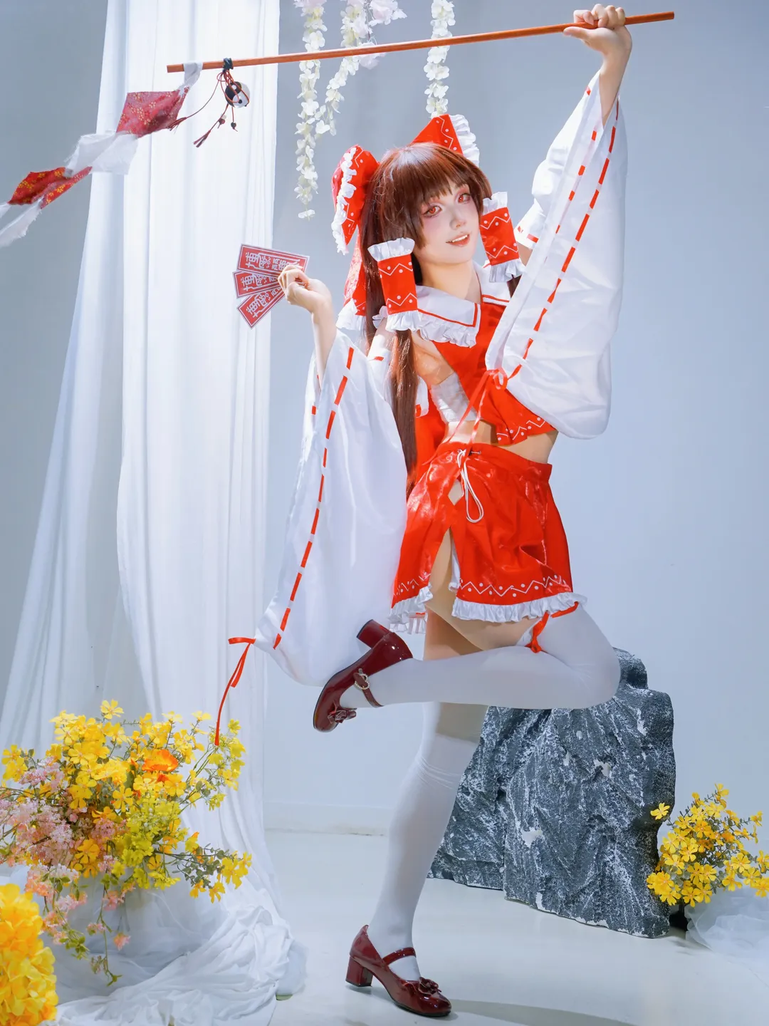 Anime-style photography, Reimu Hakurei Cosplay, Touhou Project, Cosplay photoshoot, Shrine maiden outfit