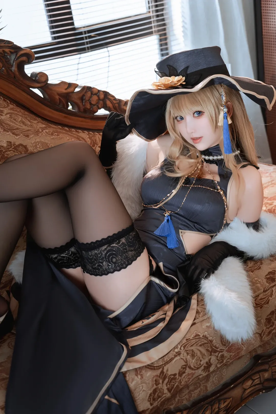 原神, 旗袍cos, 娜維婭cos, 黑絲穿搭, 同人攝影
