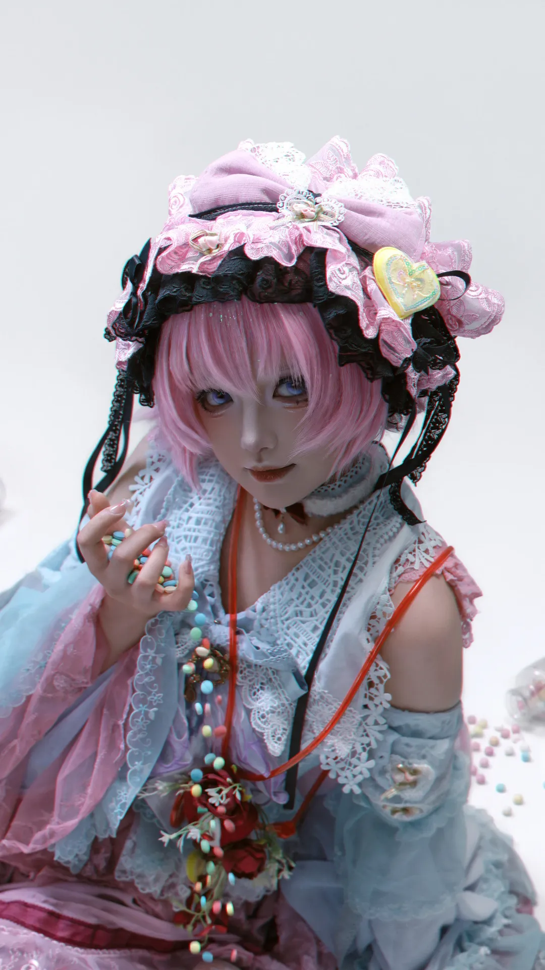 cosplay, Gorgeous style, Lace skirt, Powder blue color scheme, Aesthetic makeup