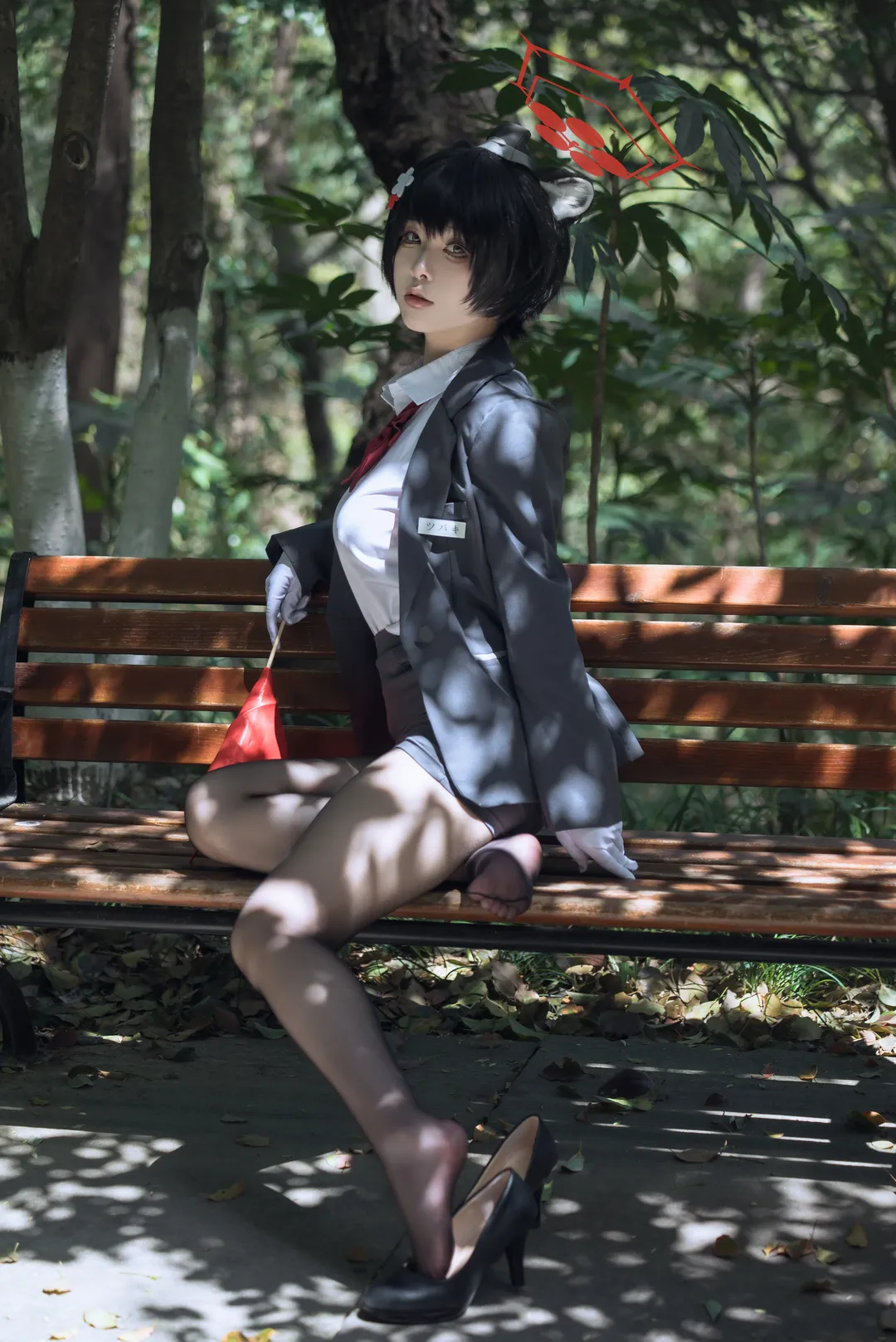 蔚蓝档案, 二次元cosplay, 导游椿cos, 黑丝制服, 公园外拍 - 第2张