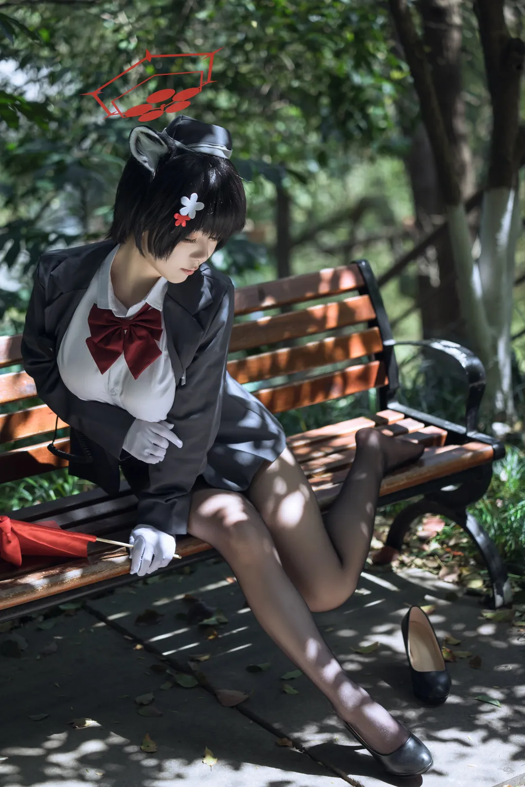蔚蓝档案, 二次元cosplay, 导游椿cos, 黑丝制服, 公园外拍 - 第3张