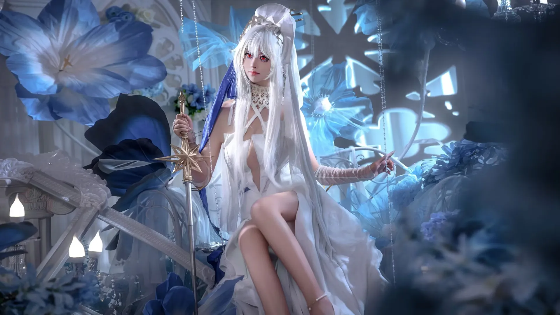 cosplay, 梦幻风, 白发红瞳, 仙气, 蓝色花海