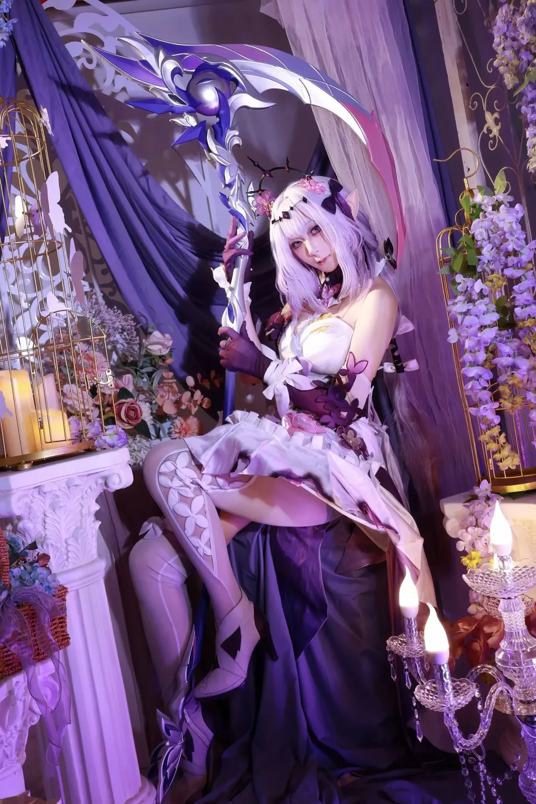 氛围感, cosplay, 二次元摄影, 紫藤花, 镰刀