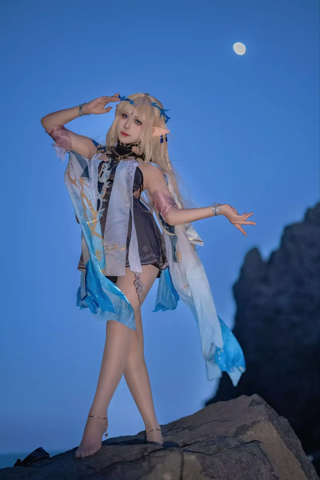 夜景人像, cosplay摄影, 二次元装扮, 海边外景, 精灵cos