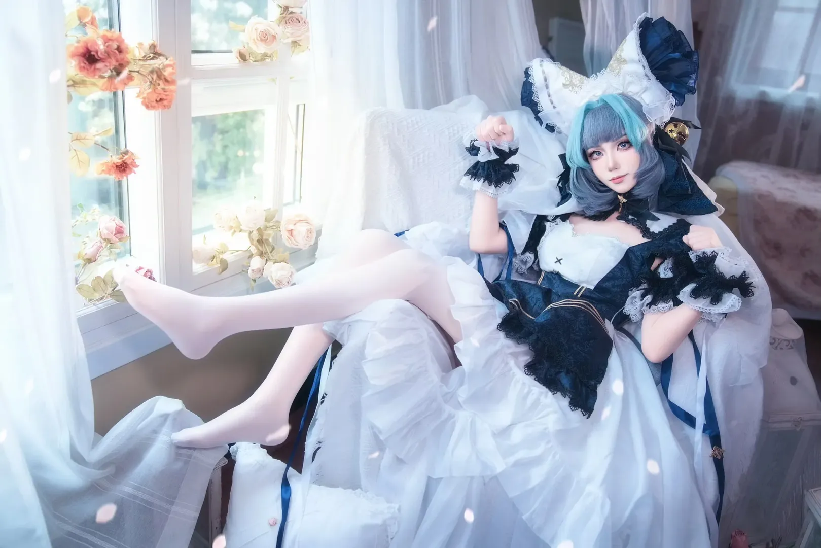二次元撮影, スタジオ撮影, メイド服コスプレ, コスプレ日常, 青髪メイド - 2枚目