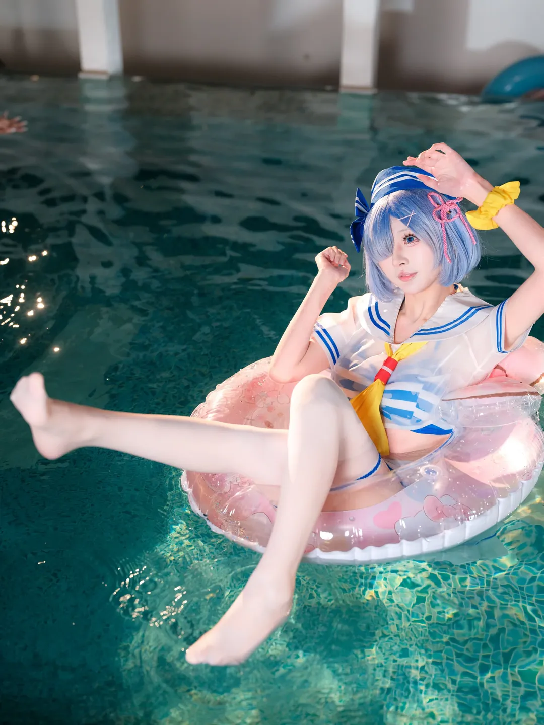 二次元摄影, 从零开始的异世界生活, 蕾姆cos, 泳池cosplay, 水手服装扮 - 第2张