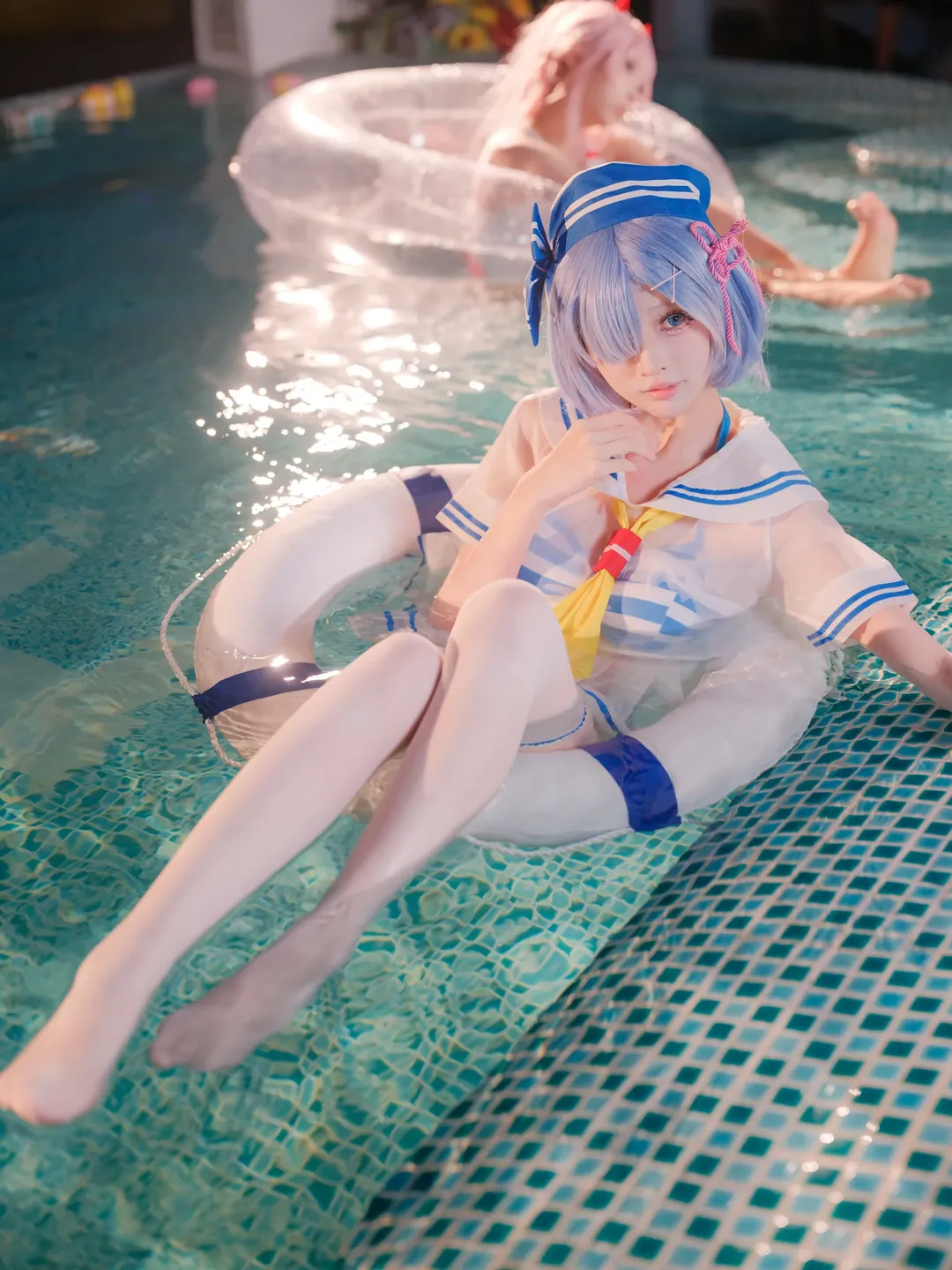二次元摄影, 从零开始的异世界生活, 蕾姆cos, 泳池cosplay, 水手服装扮 - 第3张