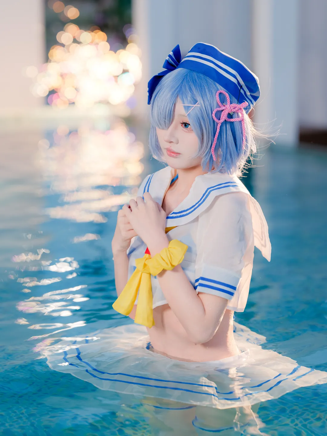 二次元摄影, 从零开始的异世界生活, 蕾姆cos, 泳池cosplay, 水手服装扮 - 第4张