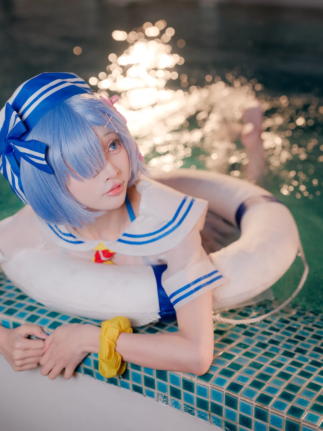二次元摄影, 从零开始的异世界生活, 蕾姆cos, 泳池cosplay, 水手服装扮 - 第5张