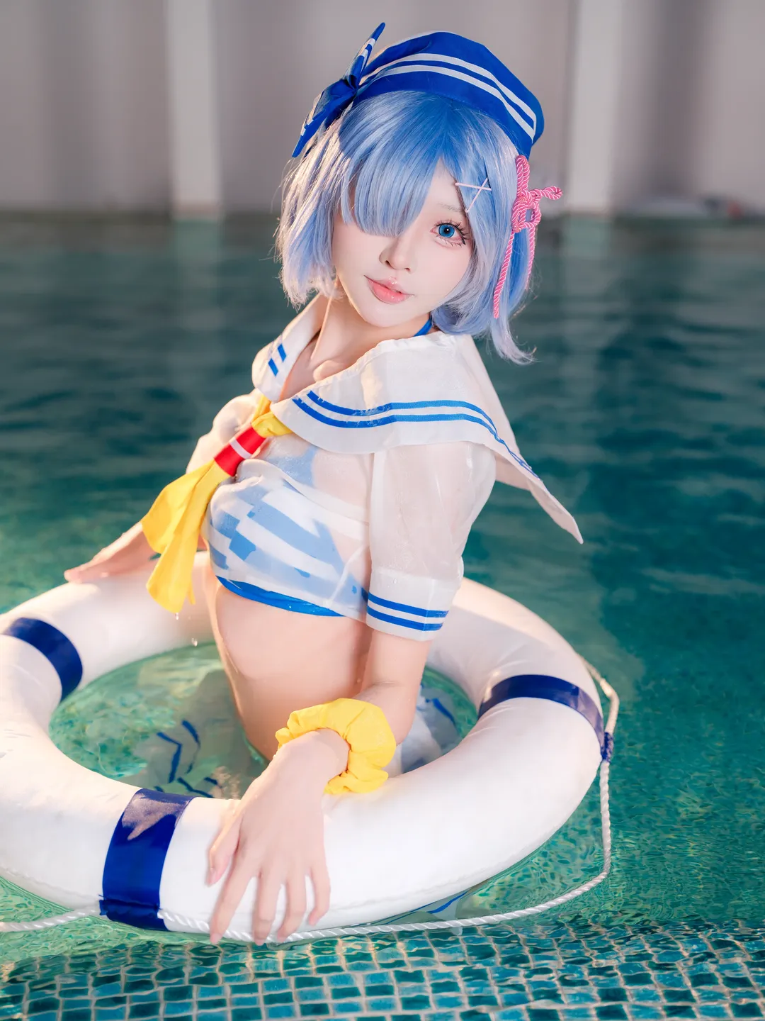 二次元摄影, 从零开始的异世界生活, 蕾姆cos, 泳池cosplay, 水手服装扮 - 第6张