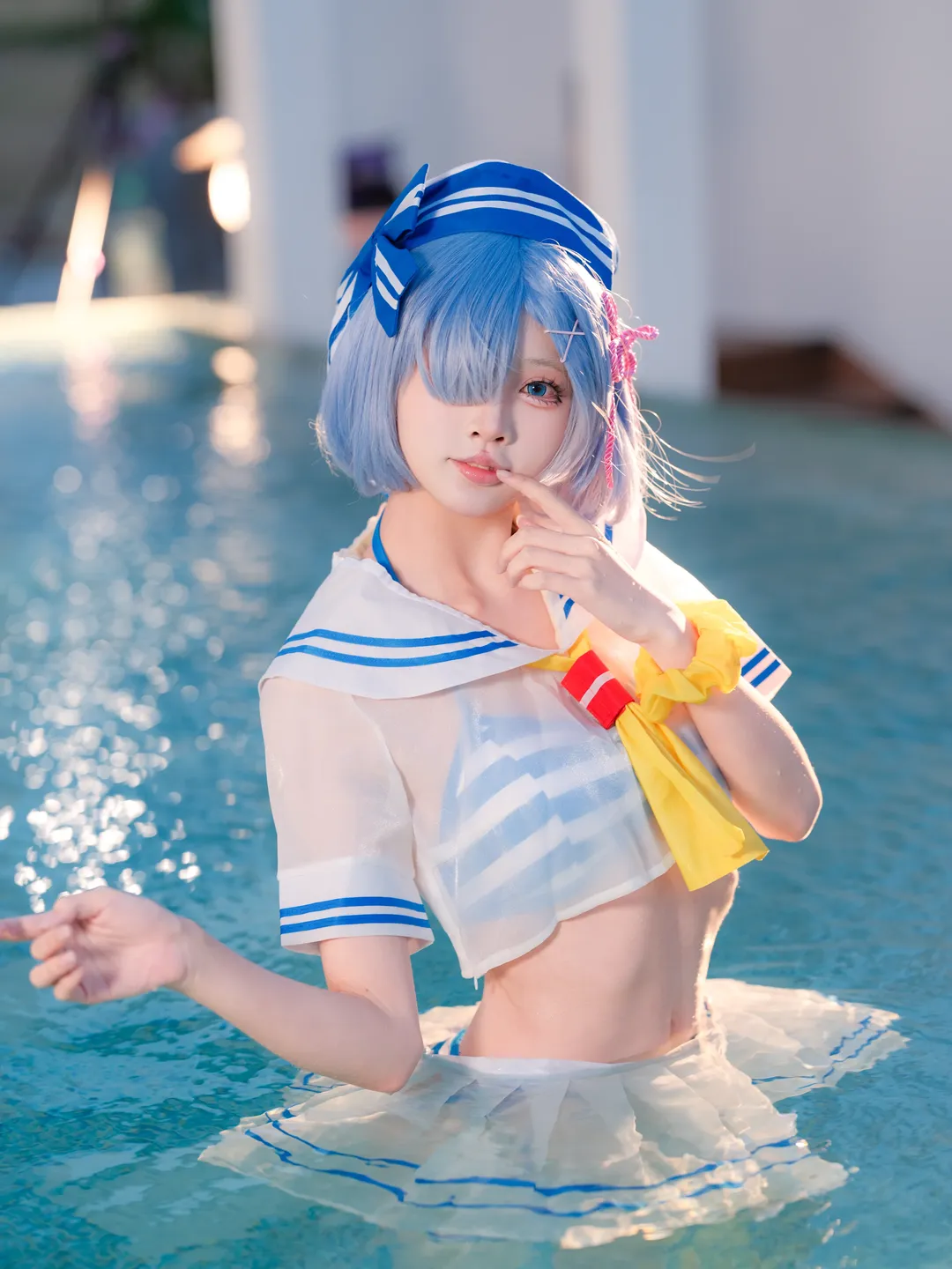 二次元摄影, 从零开始的异世界生活, 蕾姆cos, 泳池cosplay, 水手服装扮 - 第7张