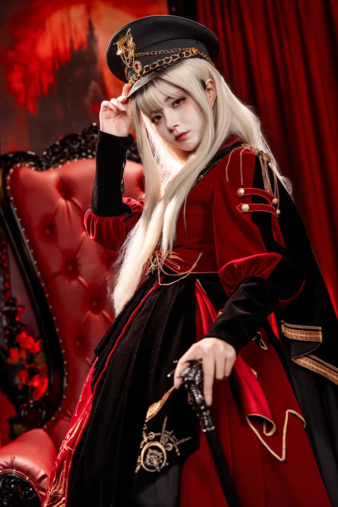 Gothic style outfit, Cosplay photography, Red and black color scheme, Military Lolita outfit, Lolita fashion - Image 1