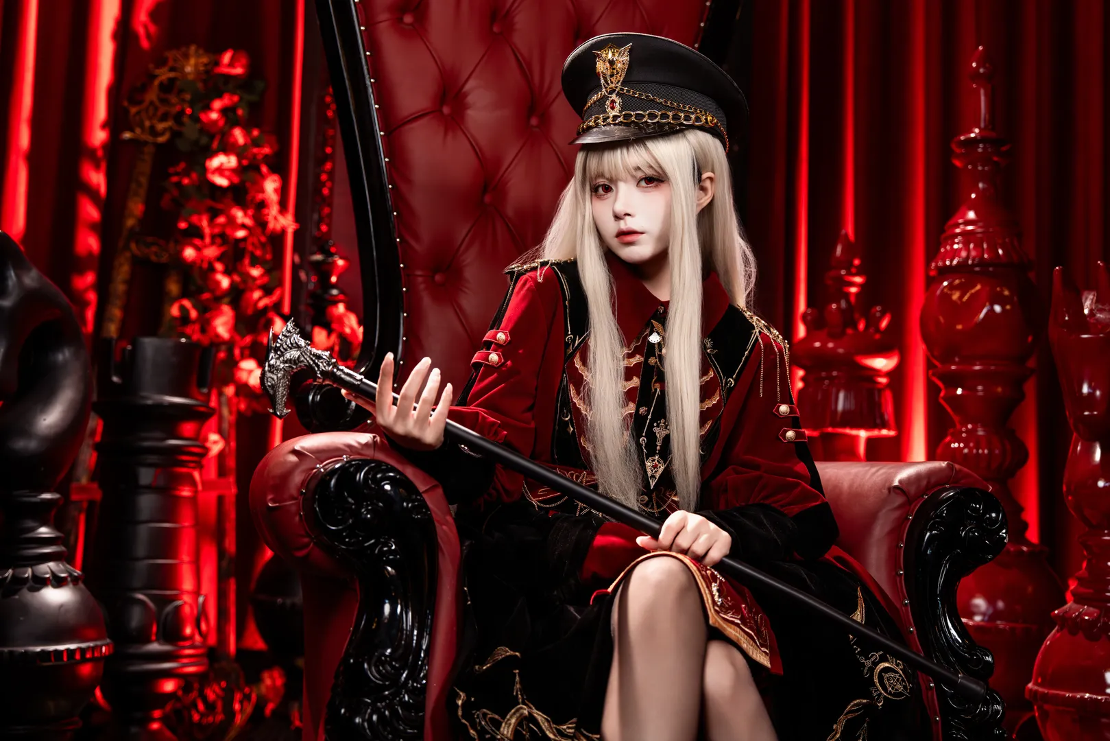 Gothic style outfit, Cosplay photography, Red and black color scheme, Military Lolita outfit, Lolita fashion - Image 2