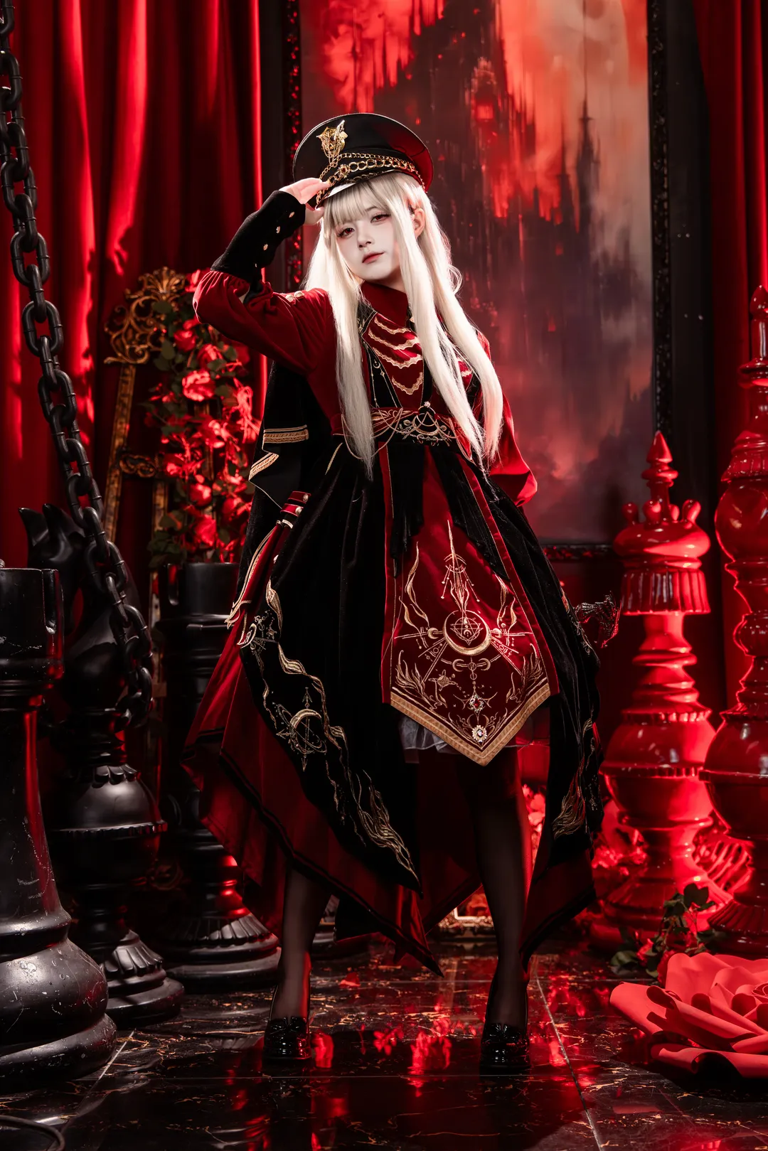 Gothic style outfit, Cosplay photography, Red and black color scheme, Military Lolita outfit, Lolita fashion - Image 3