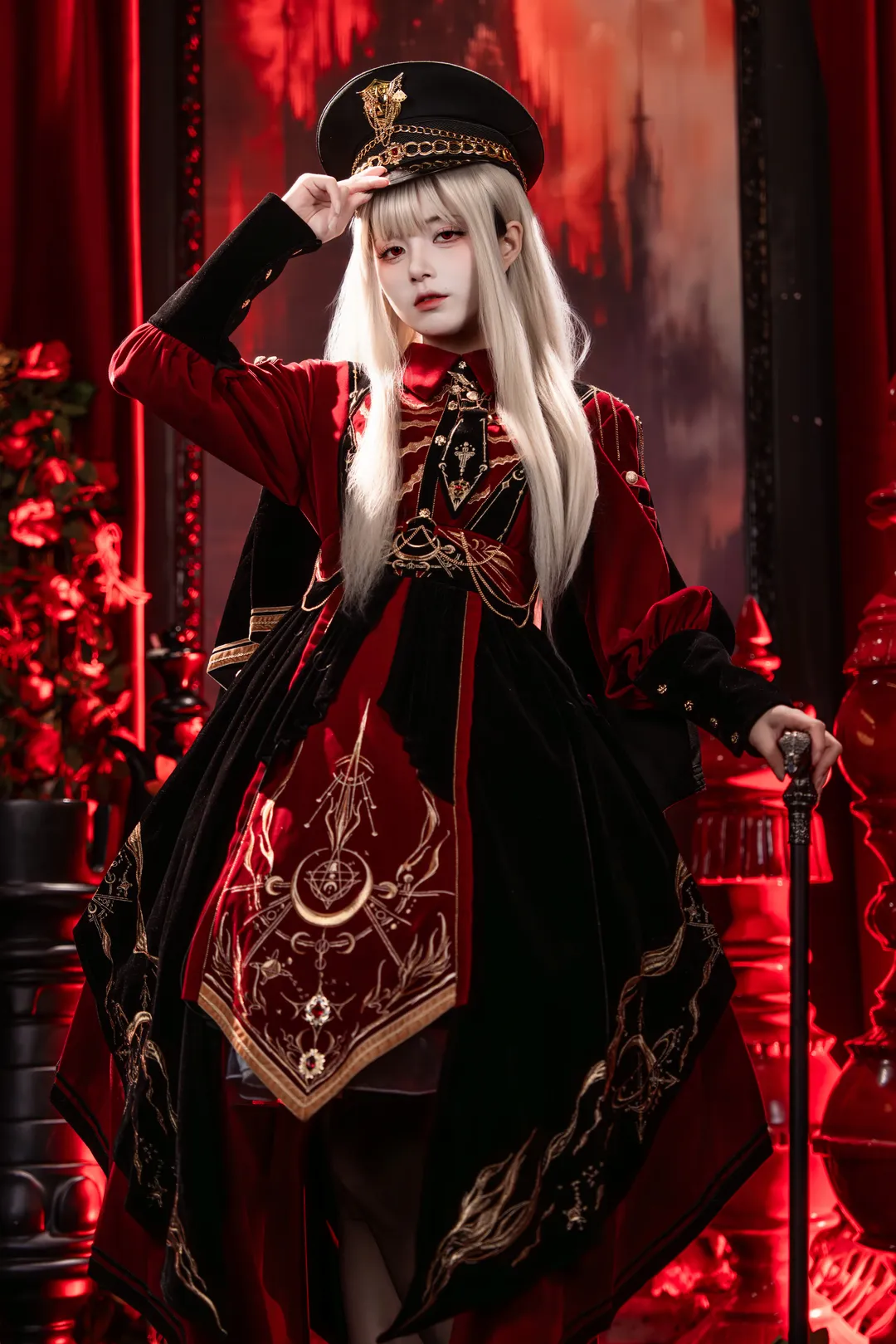 Gothic style outfit, Cosplay photography, Red and black color scheme, Military Lolita outfit, Lolita fashion - Image 4