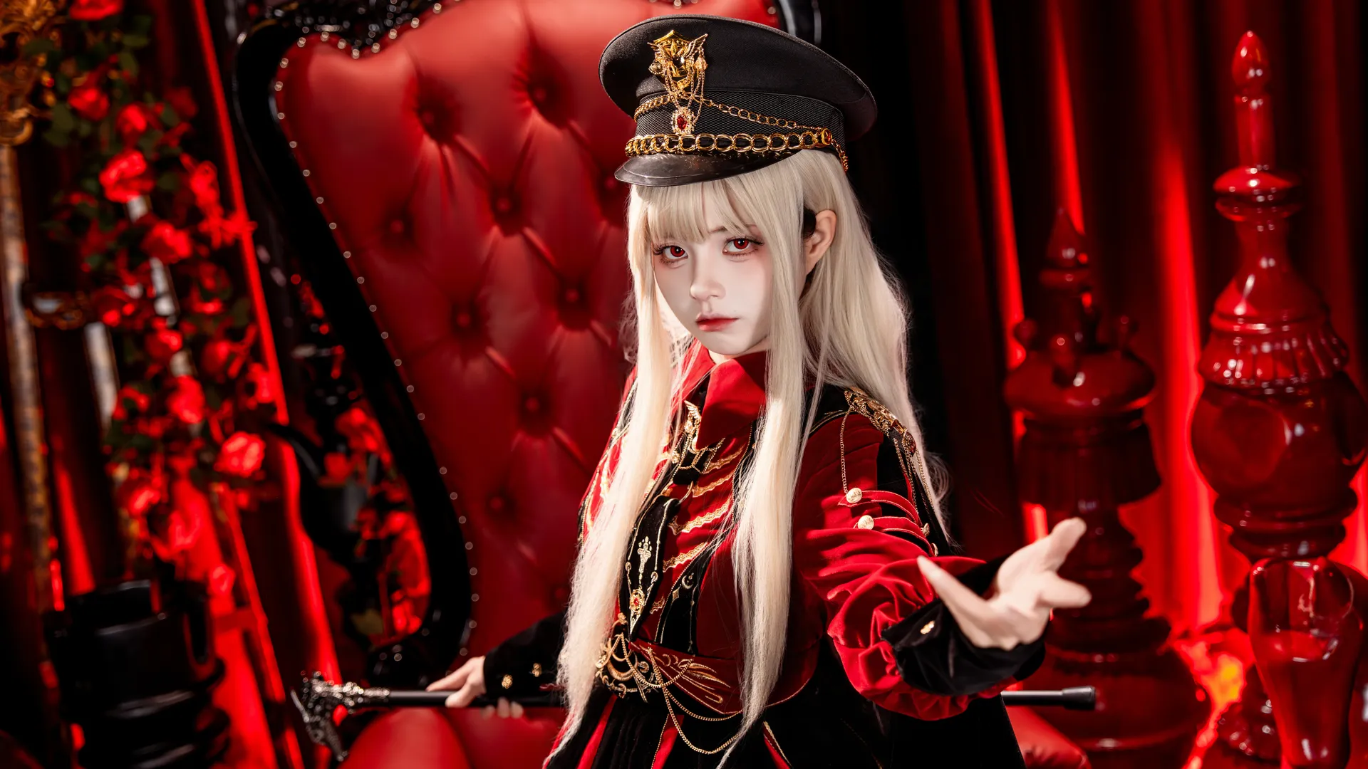 Gothic style outfit, Cosplay photography, Red and black color scheme, Military Lolita outfit, Lolita fashion