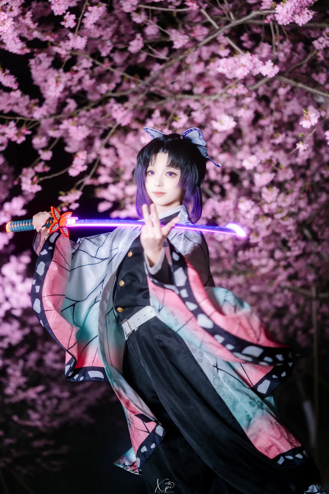 鬼灭之刃, 二次元cosplay, 夜景人像, 蝴蝶忍cos, 夜樱摄影 - 第2张