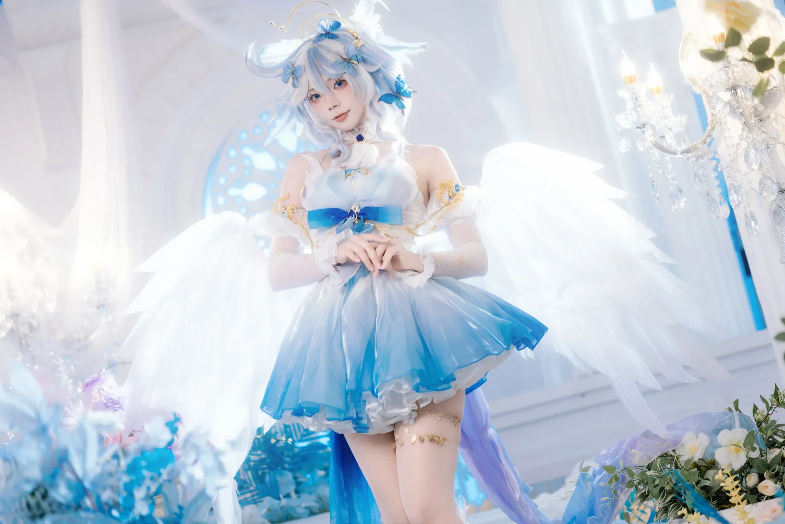 原神, 二次元cosplay, 芙卡洛斯cos, 蓝白系穿搭, 水神正片