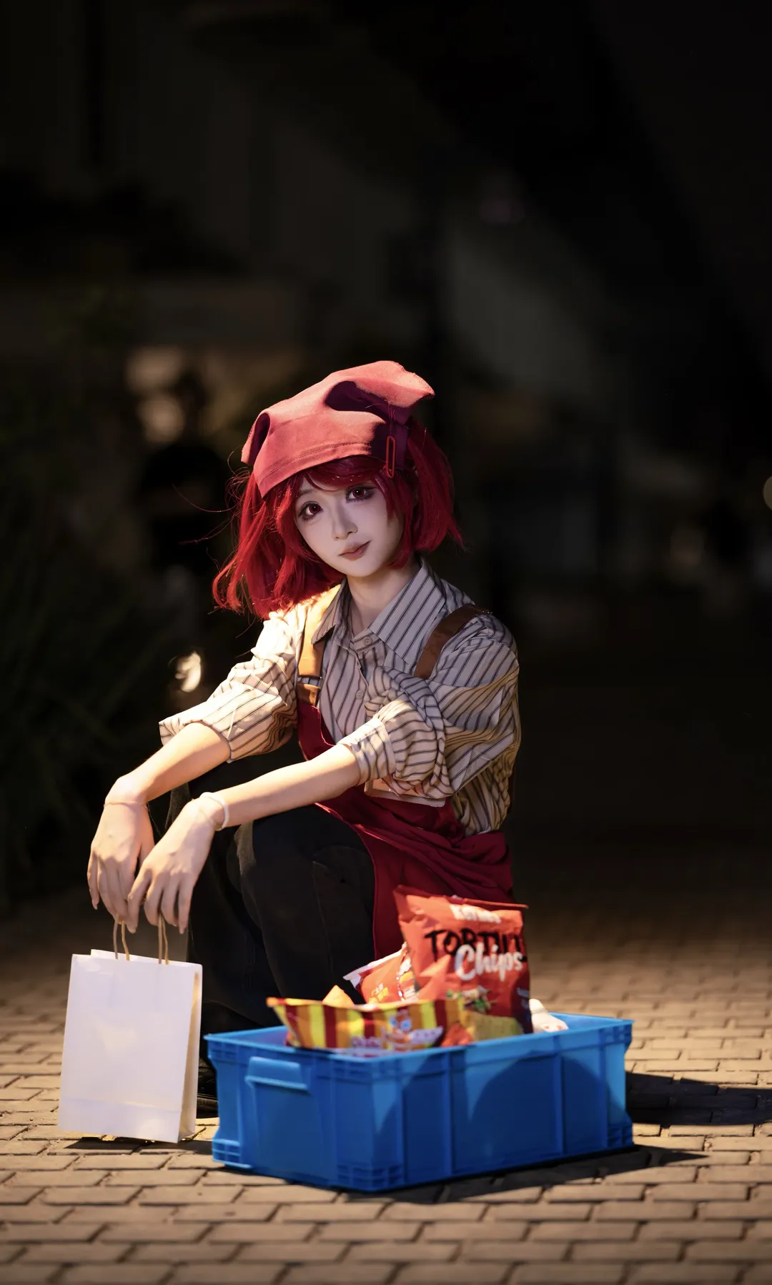 Yamada cosplay, Smoking Behind the Supermarket with You, Convenience store clerk style, Red wig, Late-night photography - Image 1