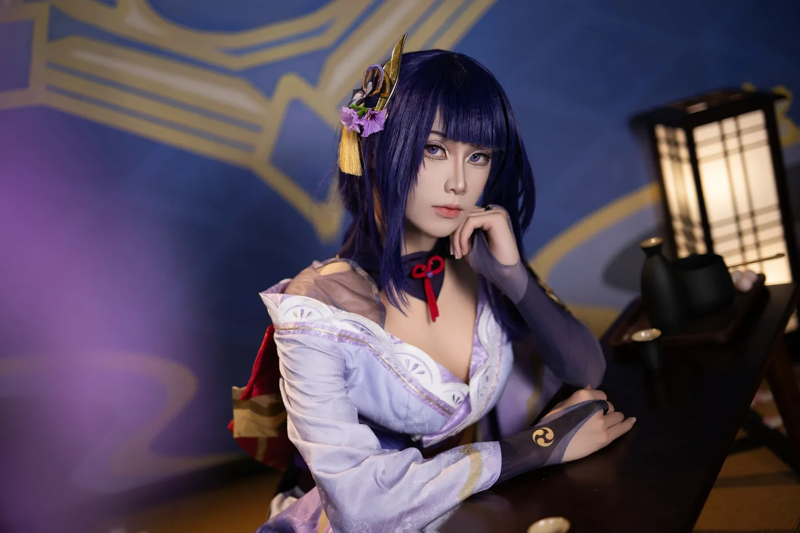 二次元摄影, 和风cosplay, 紫发造型, 雷电将军cos, 武士装扮