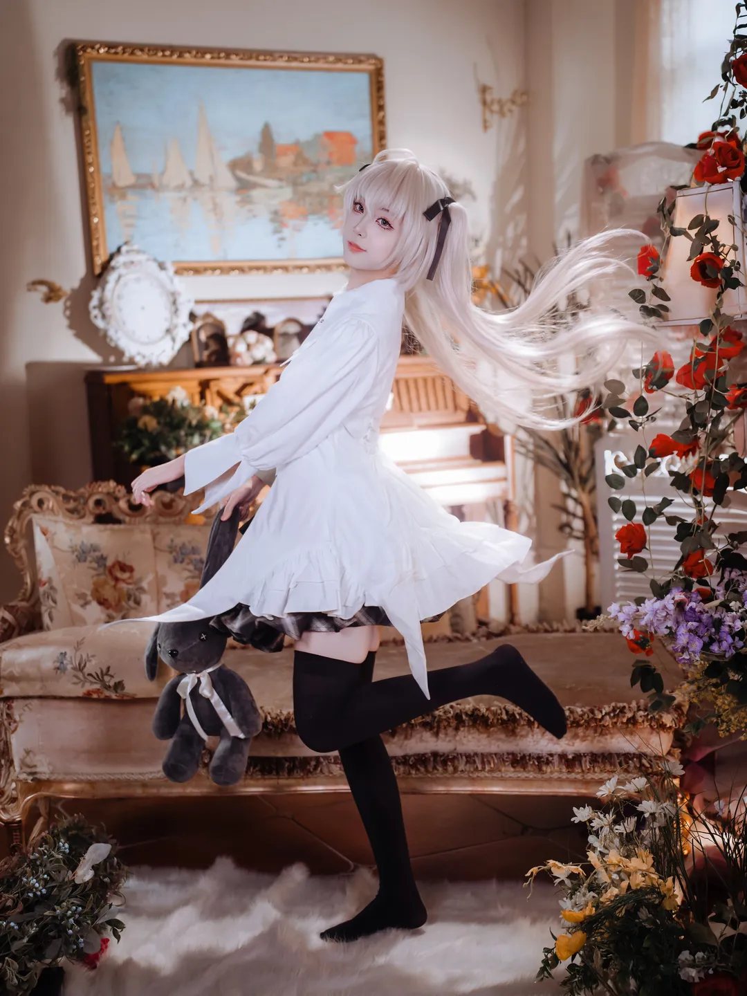 春日野穹cos, 缘之空, cosplay摄影, 白毛双马尾, 复古洋房