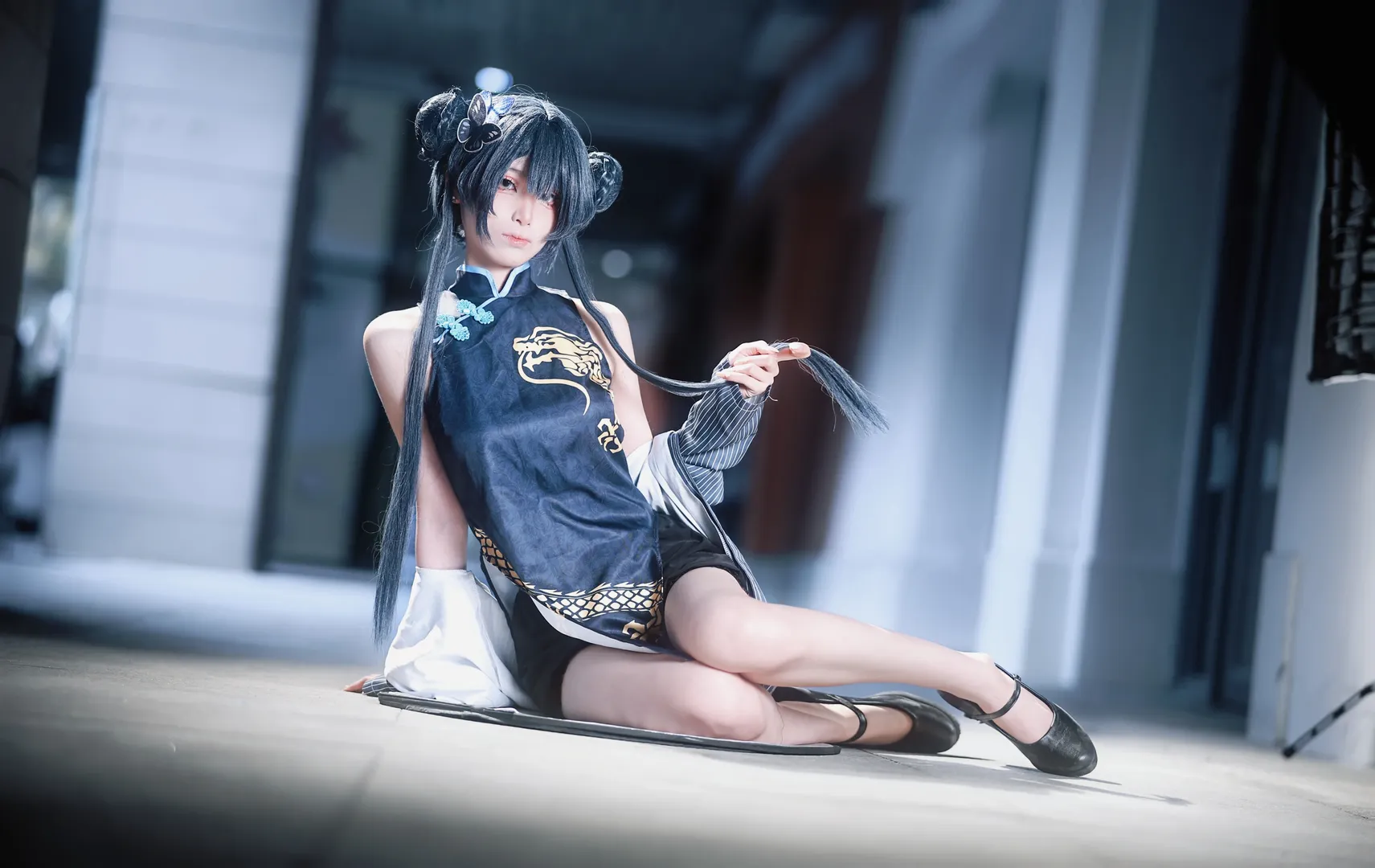 角色扮演, 妃咲cos, 摄影分享, 国风旗袍, 蓝黑假发