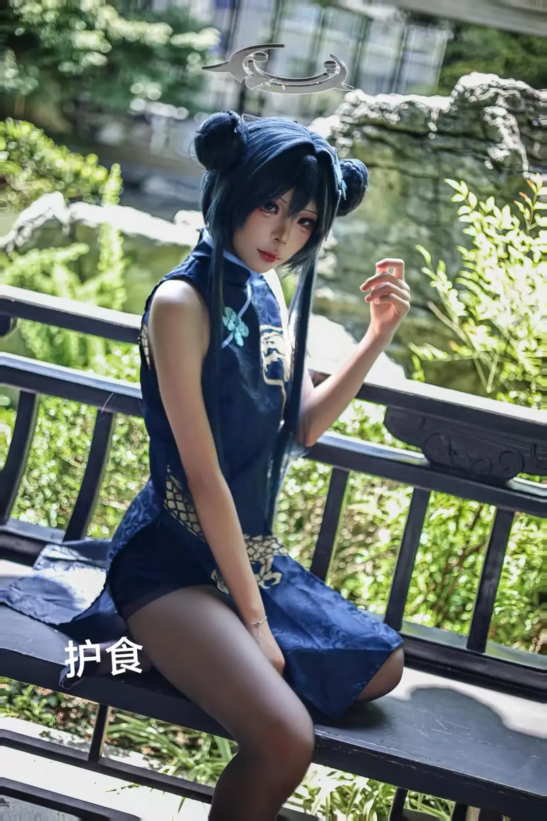 戶外攝影, 妃咲cos, 碧藍檔案, 旗袍cosplay, 藍髮雙丸子頭