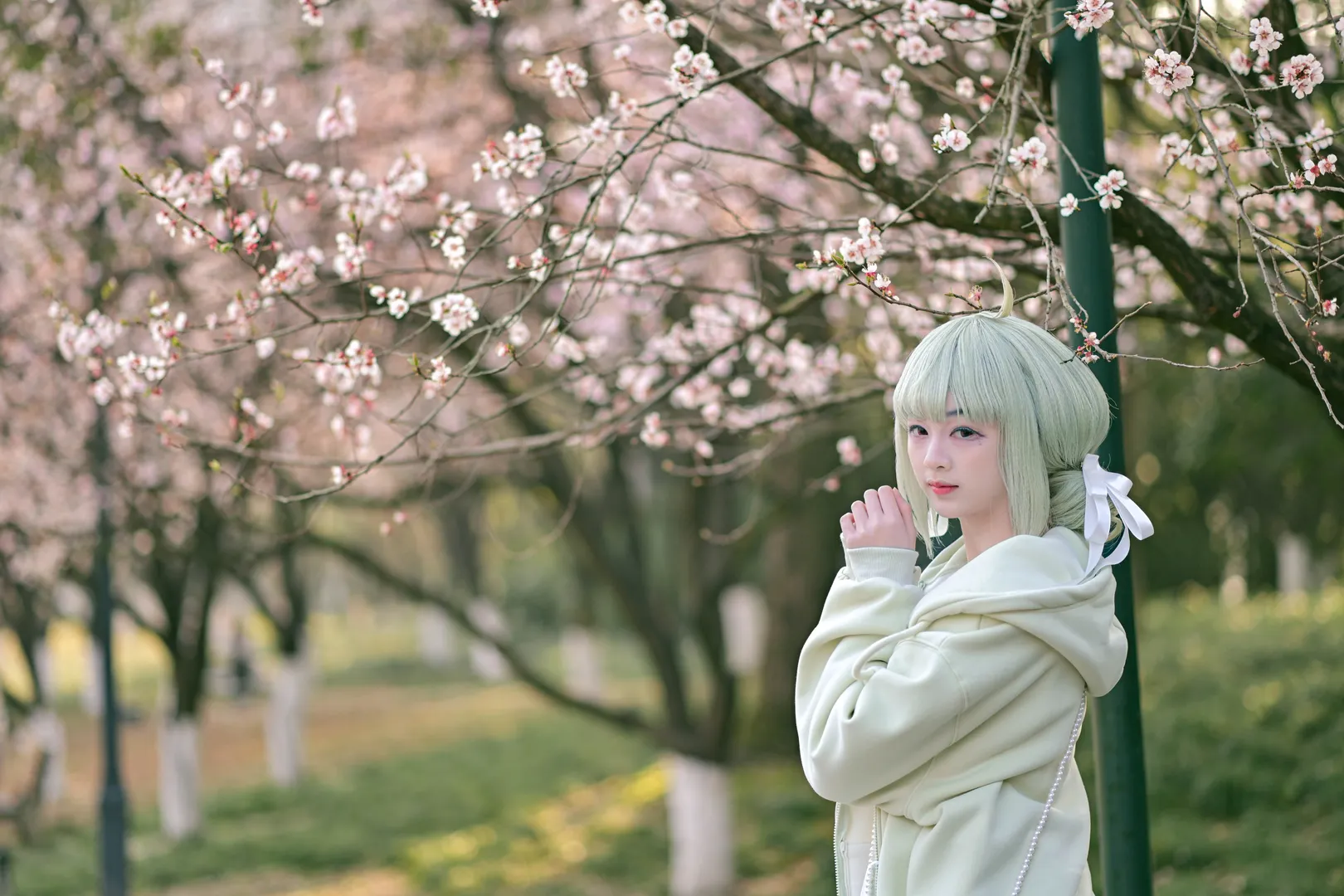 Custom design cosplay, Magical Girl Style, Cherry blossom season portrait, Slice of Life cosplay, Light green wig