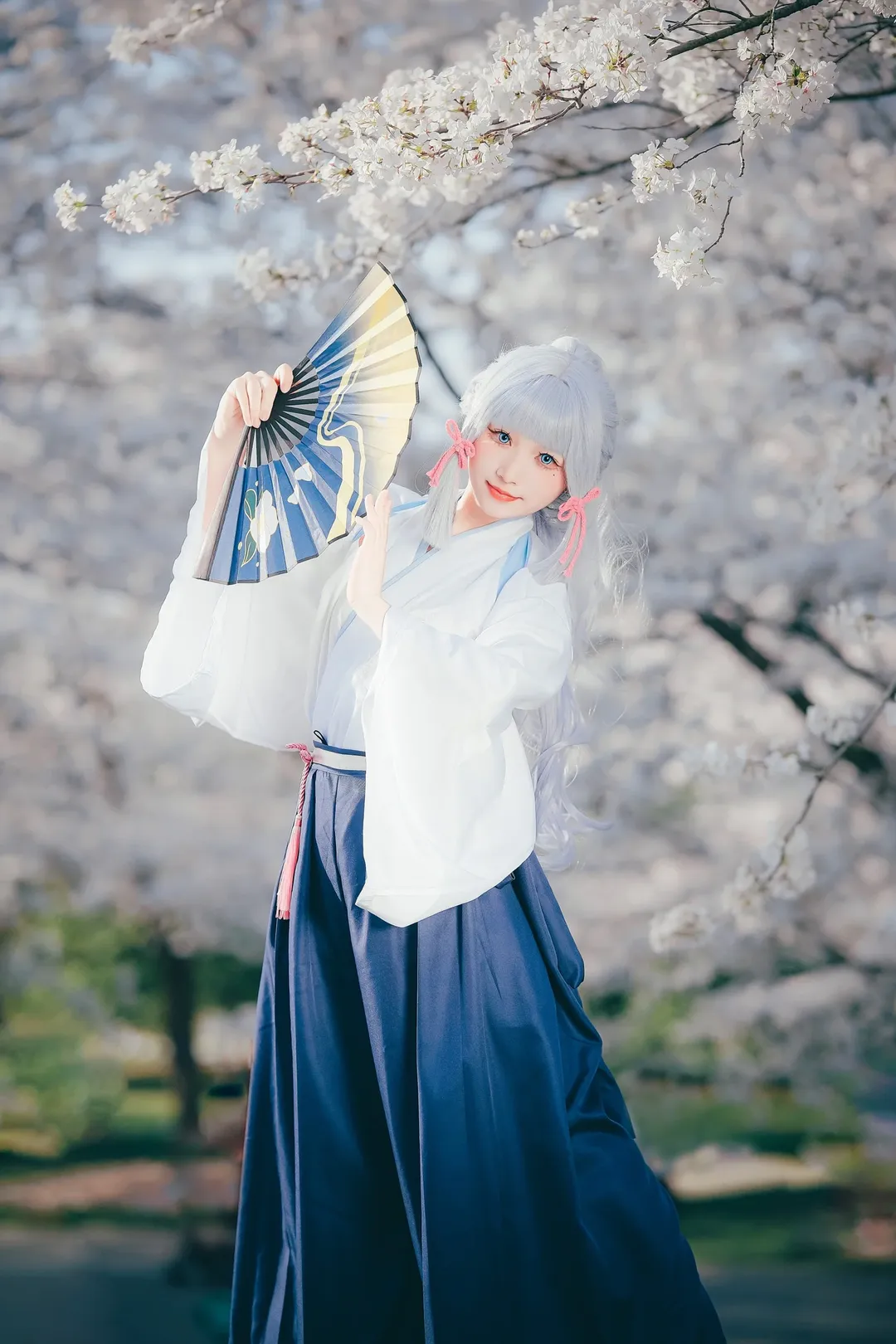 Genshin Impact, Kamisato Ayaka cosplay, Cosplay photography, Japanese-style photoshoot, Cherry blossom photography