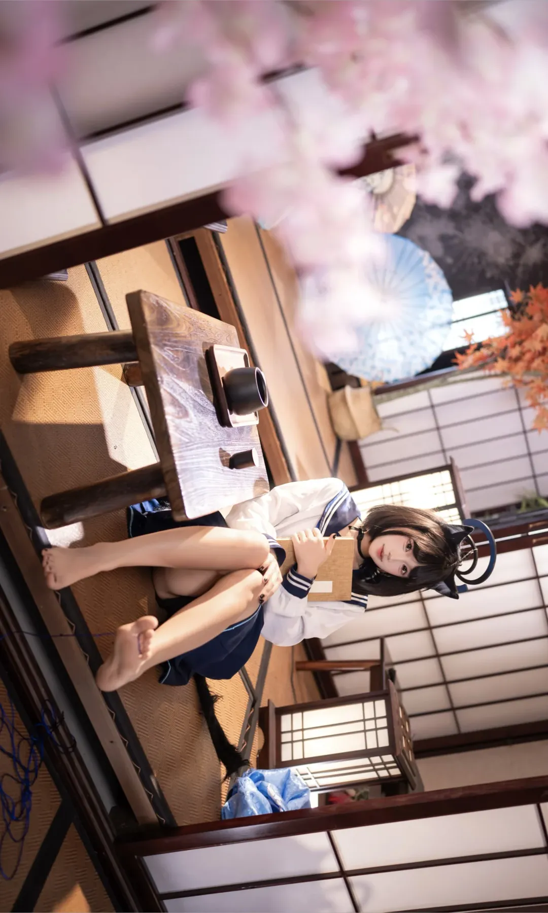 ブルーアーカイブ, 桐生キキョウ コスプレ, 猫娘コスプレ, 和風撮影, 白ストッキング少女 - 1枚目