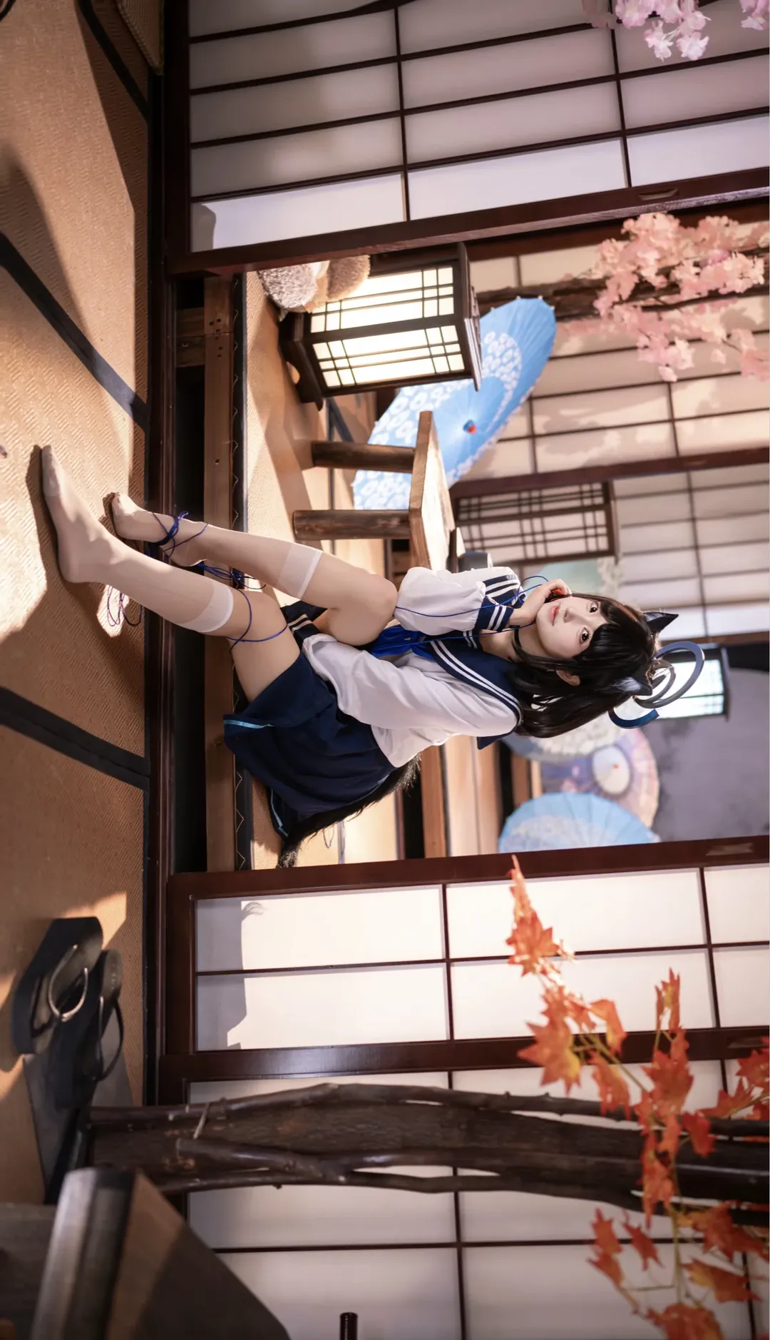 蔚蓝档案, 桐生桔梗cos, 猫娘cosplay, 日式和风摄影, 白丝少女