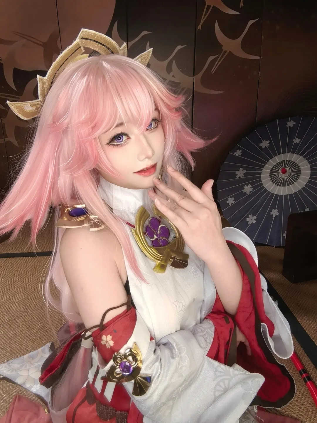 原神, 八重神子cos, 和风装扮, cosplay摄影, 粉色假发