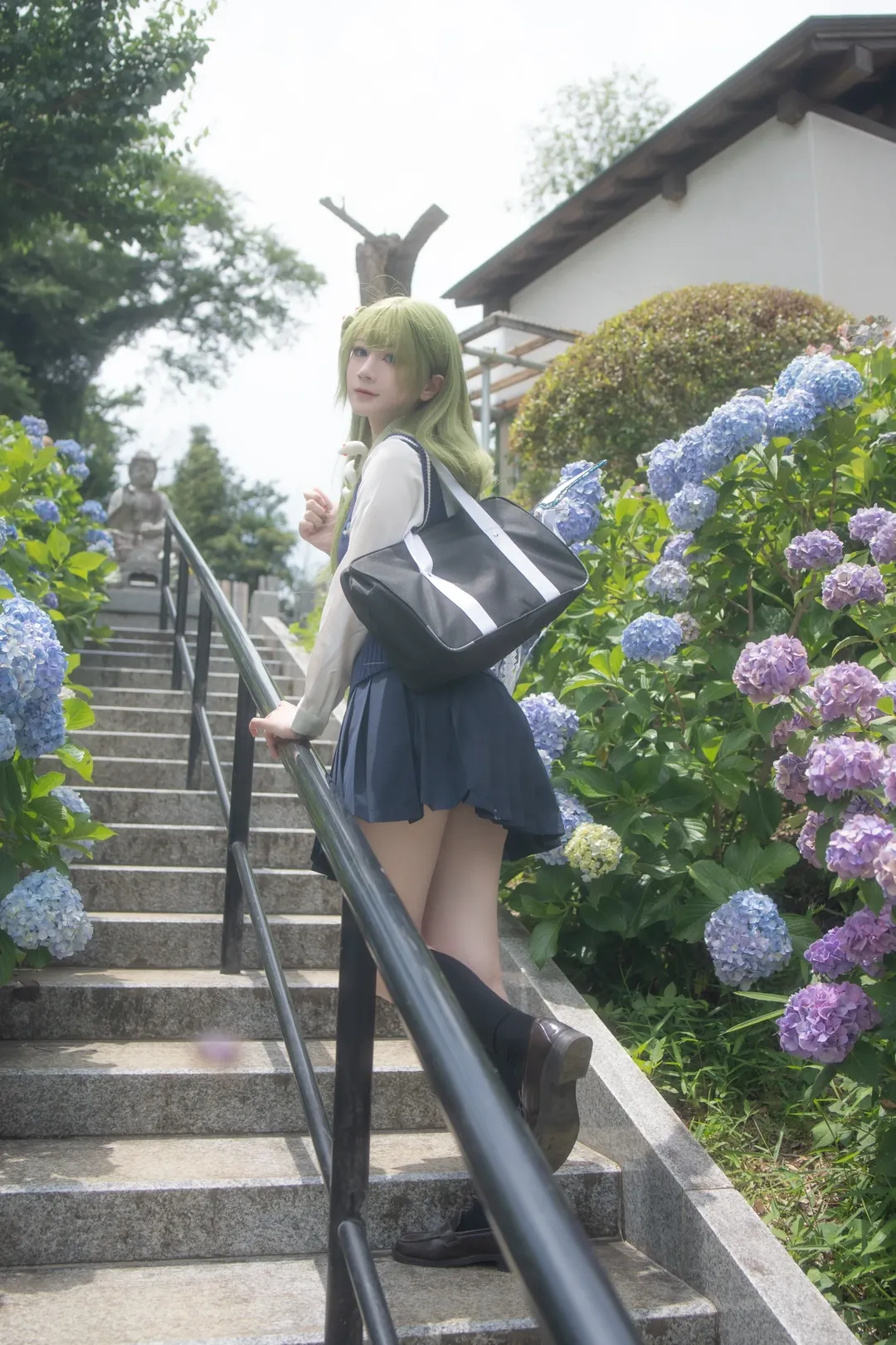 東方Project, 東風谷早苗 コスプレ, 紫陽花の撮影, 日本の女子高生の雰囲気, 日本の寺の外観