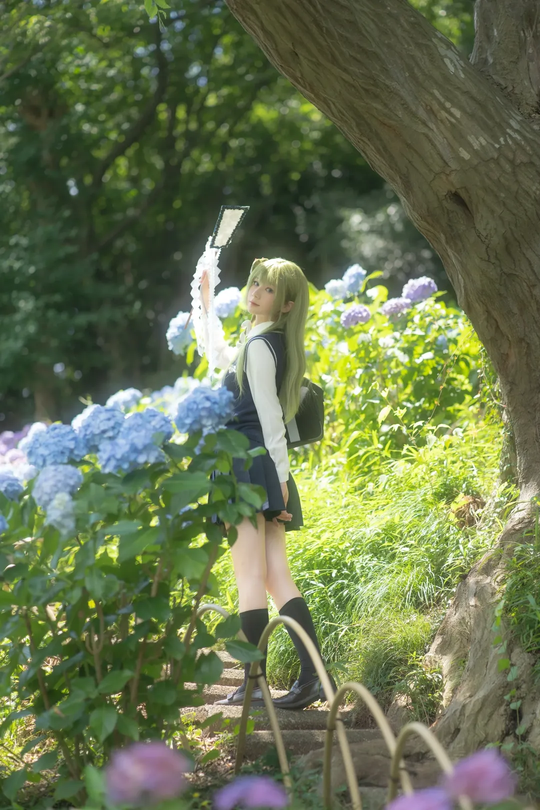東方Project, 東風谷早苗 コスプレ, 紫陽花の撮影, 日本の女子高生の雰囲気, 日本の寺の外観 - 6枚目