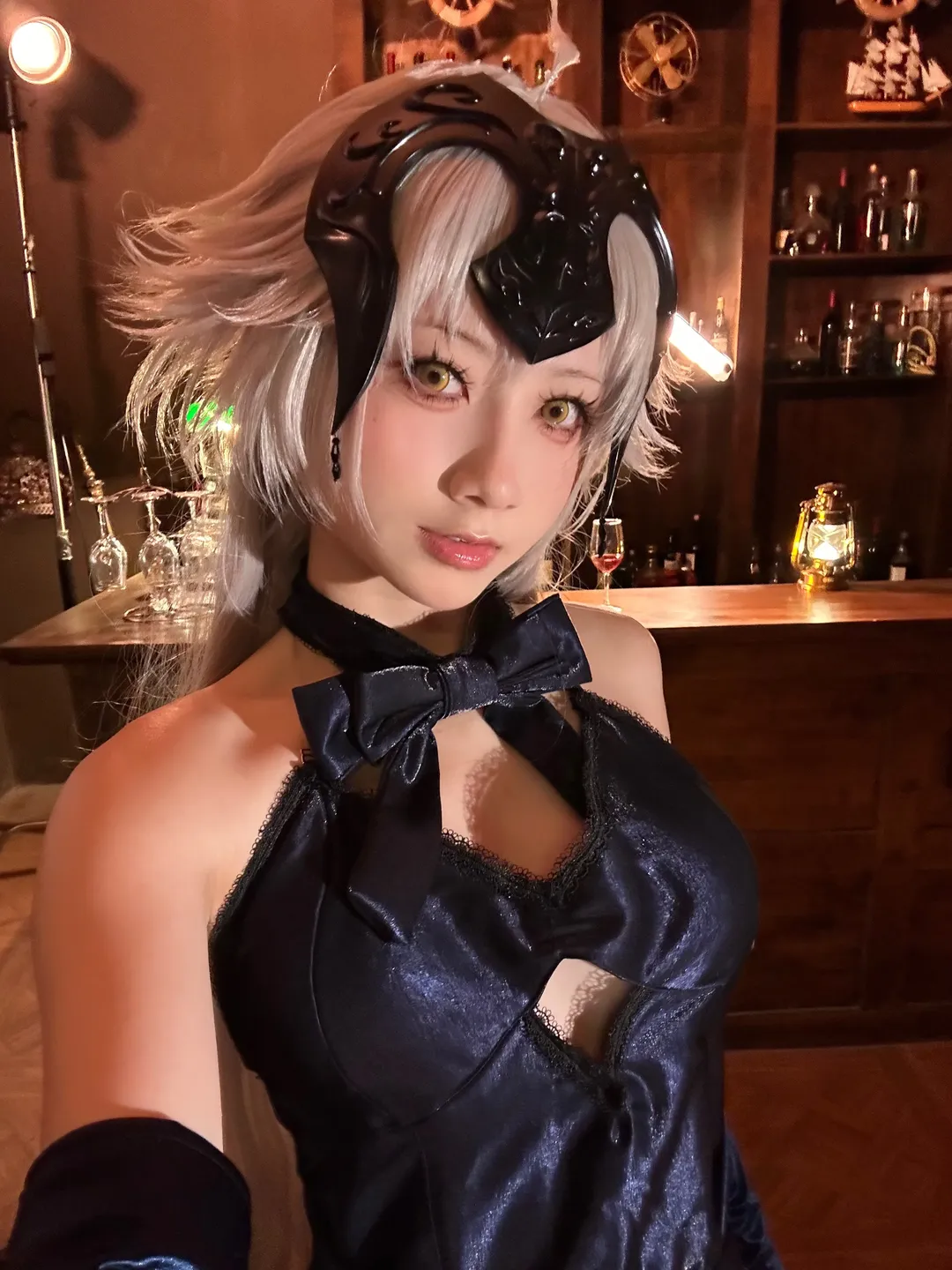 Anime-style photography, Fate/Grand Order, Jeanne d'Arc (Alter) cosplay, Dark style outfit, Bar atmosphere photoshoot