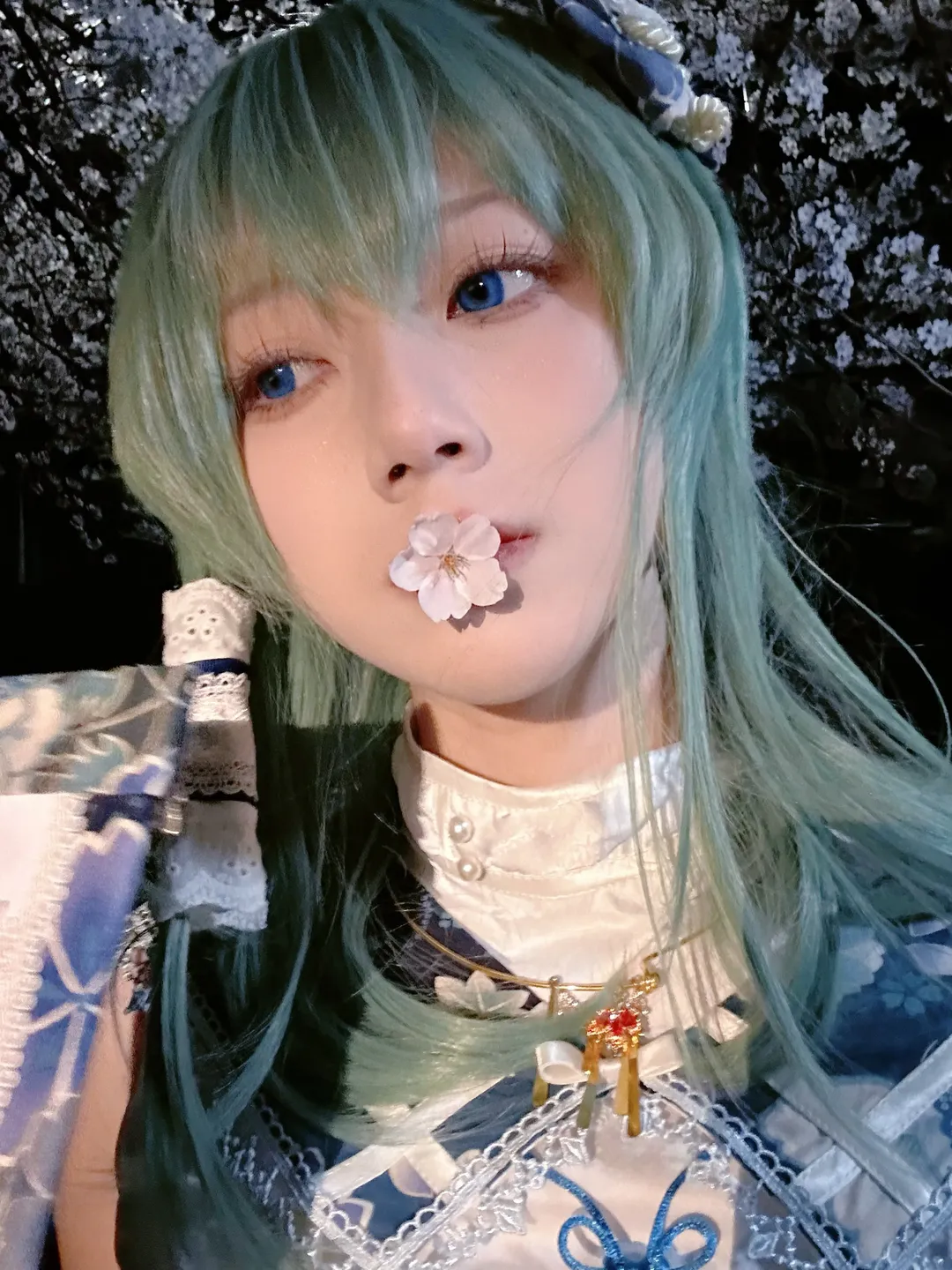 二次元摄影, 东方Project, 东风谷早苗cos, 薄荷绿假发, 樱花外景摄影 - 第1张